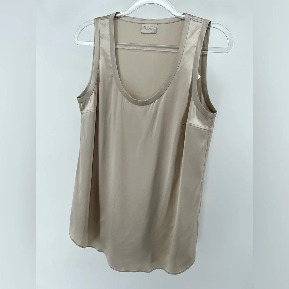 NWT Brunello Cucinelli Womens Taupe 100% Silk Satin  Tank T-Shirt Medium